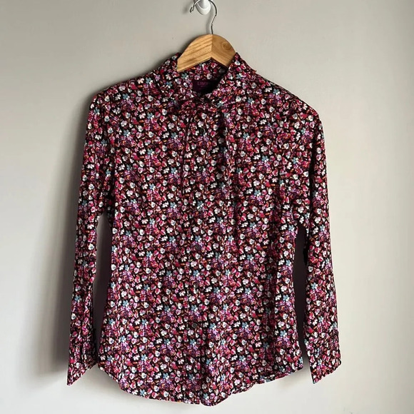 J Crew Tie Neck Tuxedo Shirt Ruffles Liberty Art Fabrics Sarah Print - Picture 2 of 12